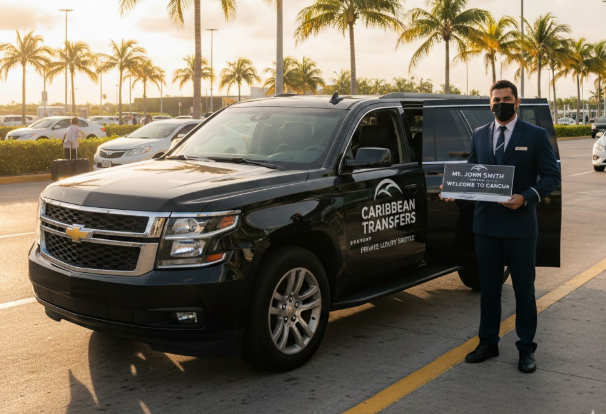Professional driver holding a welcome sign next to a luxury Caribbean Transfers SUV at Cancun Airport terminal.