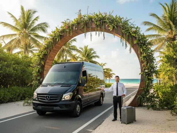 Private luxury van driving on the highway from Cancun to Tulum surrounded by tropical jungle. Title: Private Transportation Cancun to Tulum