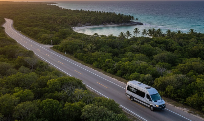 Camioneta viajando hacia playa Mahahual.