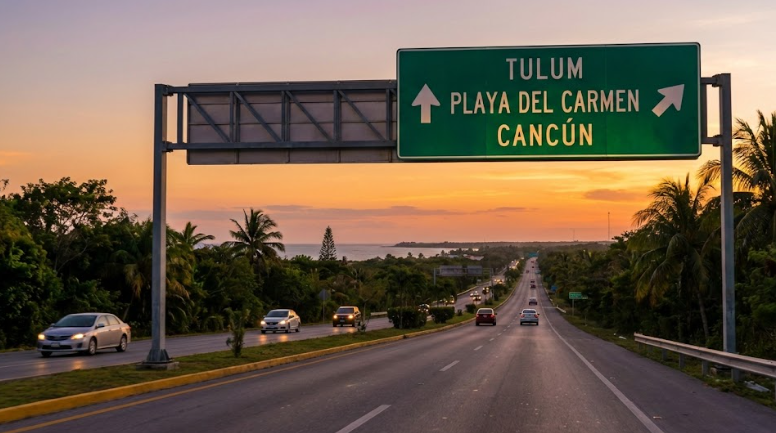 Road sign pointing to Tulum, Playa del Carmen, and Cancun at sunset in Riviera Maya.