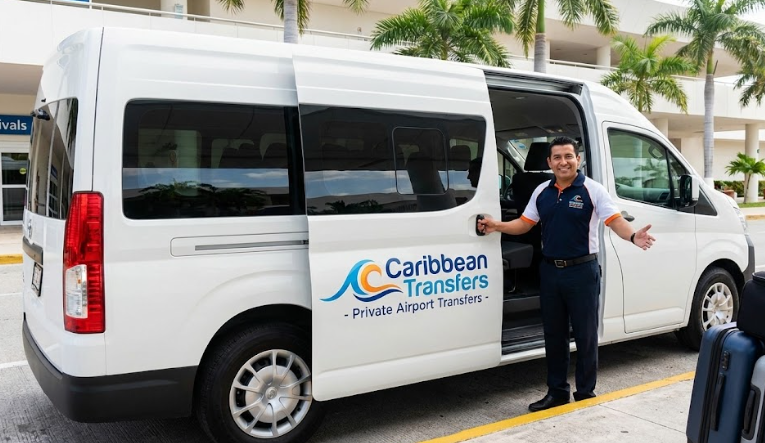 Driver opening door of Caribbean Transfers private van at Cancun Airport.