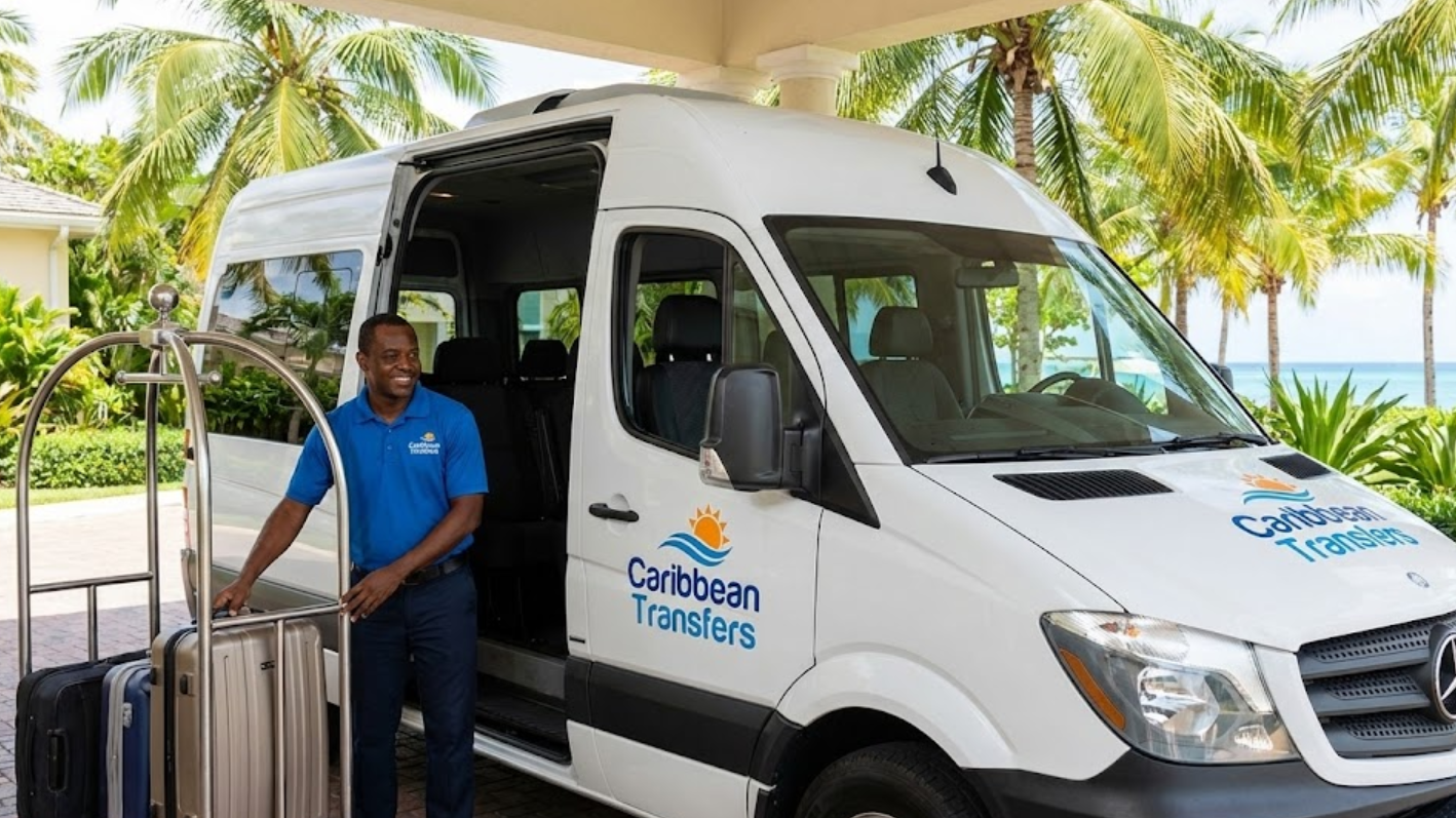 A Caribbean Transfers driver assisting a couple with luggage into a branded private van at a Riviera Maya hotel entrance.