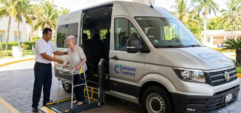 A Caribbean Transfers driver assists an elderly woman using a walker onto a hydraulic lift to board an adapted Volkswagen van at a tropical hotel.