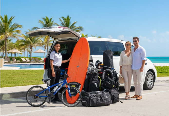 Family, sports gear, Cancun transfer.
