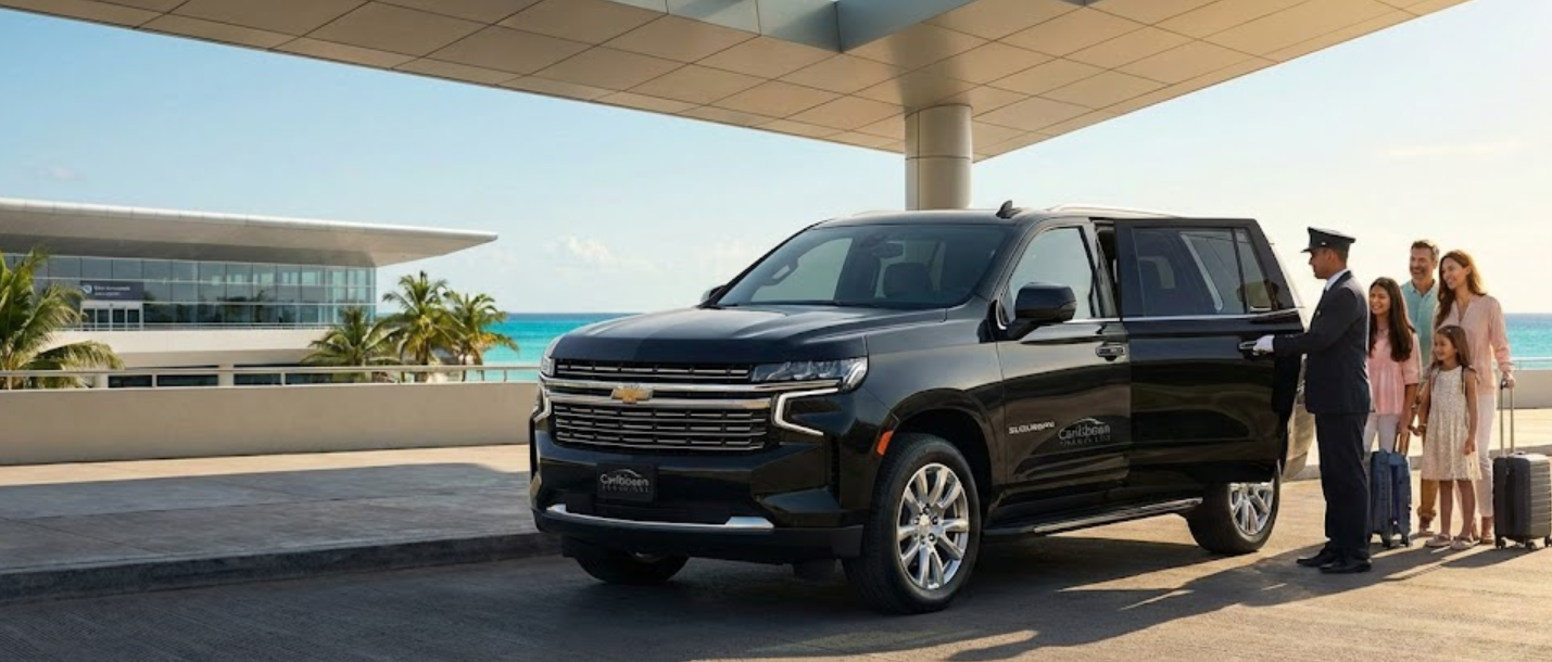 Mexican Caribbean transport innovations luxury Suburban SUV greeting family at Cancun airport.