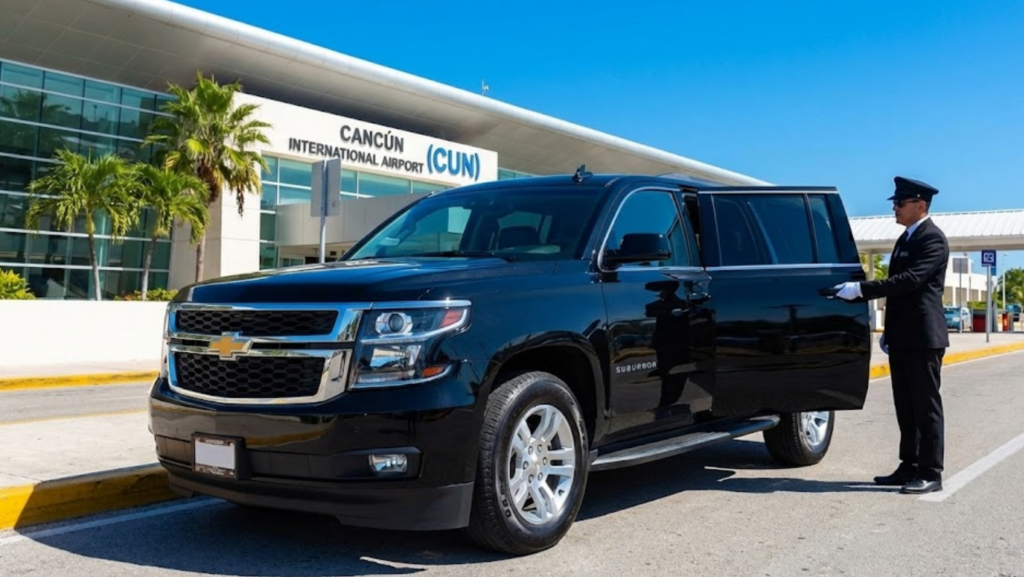 Professional uniformed chauffeur opening the door of a luxury black Chevrolet Suburban SUV in front of the Cancun International Airport (CUN) terminal on a sunny day.