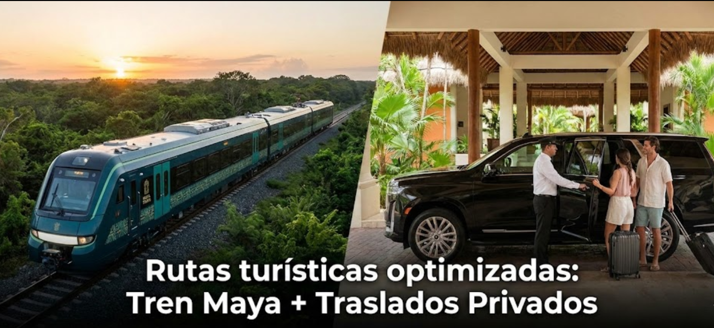 Banner de blog divido: Tren Maya cruzando la selva al atardecer y servicio de traslado privado de lujo con chofer en un resort de la Riviera Maya.