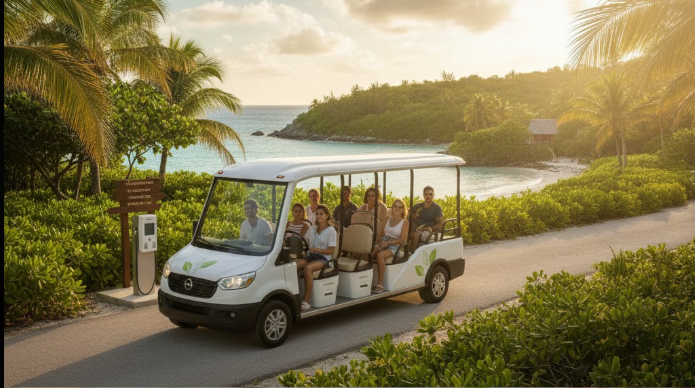 Eco-friendly van at Caribbean beach