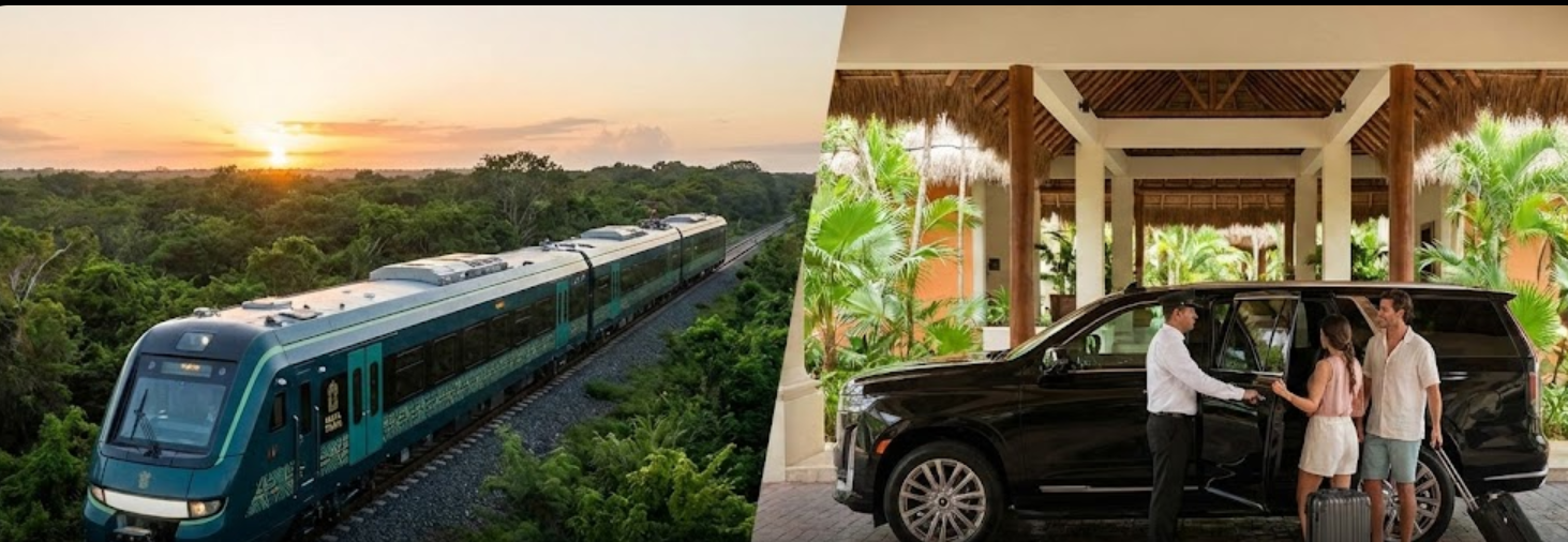 Split blog banner: Maya Train crossing the jungle at sunset and luxury private transfer service with a chauffeur at a Riviera Maya resort lobby.