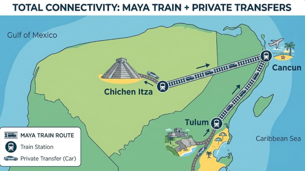 Infographic map of Maya Train route: Cancun, Chichen Itza, and Tulum with private transfer connections.