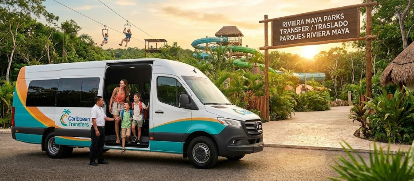 Familia bajando de una van de transporte privado de Caribbean Transfers en la entrada de un parque temático en la Riviera Maya.