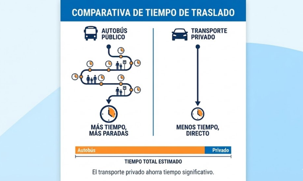 Infografía que compara el tiempo de traslado entre autobús público y transporte privado, mostrando visualmente que el transporte privado es directo y ahorra un tiempo significativo.