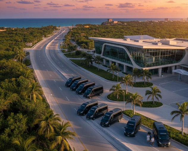 Tulum airport vans sunset