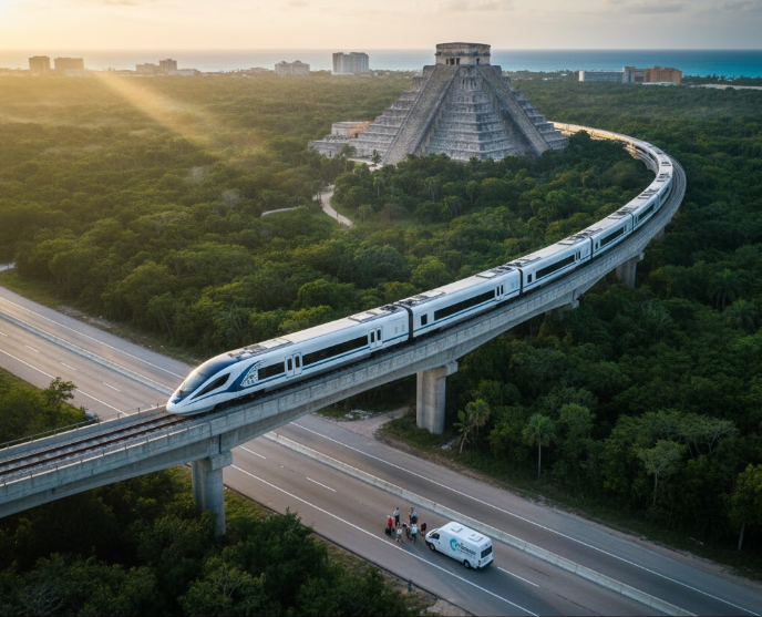 Modern train and private van.