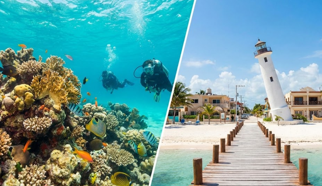 conic Puerto Morelos lighthouse sunset.