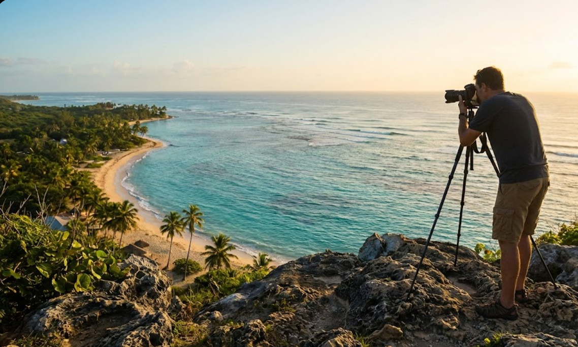 Photographer on cliff at sunset.