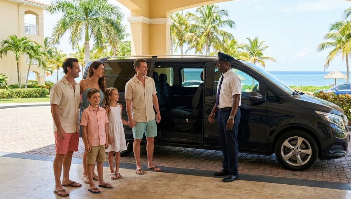 Driver greeting family at resort.