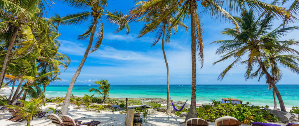 Vista paradisiaca de una playa en la Riviera Maya con palmeras y sillas de madera frente al mar Caribe.