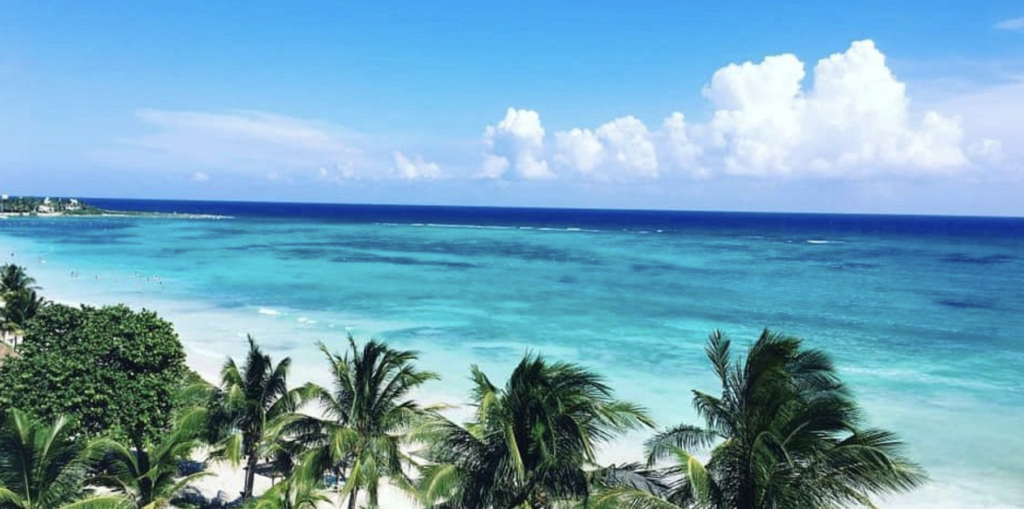 Vista aérea de una playa paradisíaca en el Caribe con palmeras, arena blanca y mar turquesa bajo un cielo azul despejado.