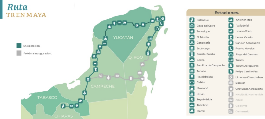 Mapa detallado de la ruta del Tren Maya en el sureste de México, mostrando estaciones operativas y próximas aperturas en los estados de Chiapas, Tabasco, Campeche, Yucatán y Quintana Roo.