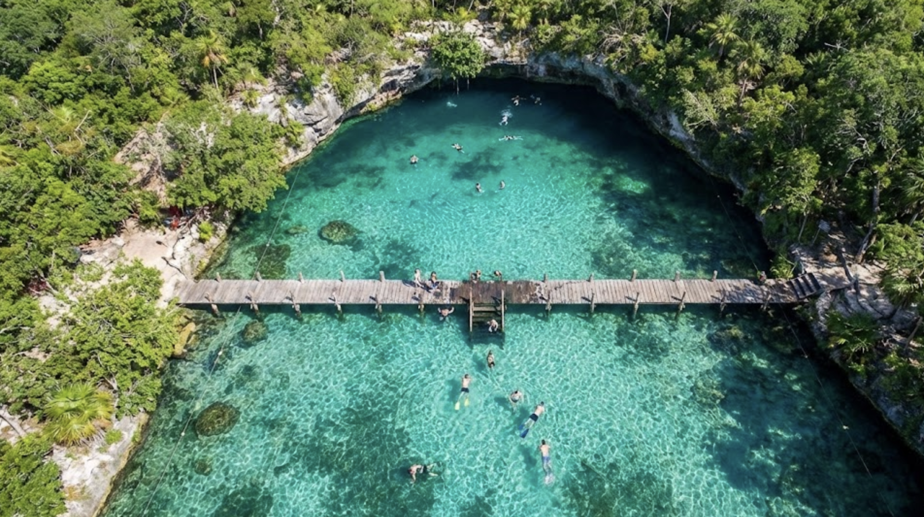 Vista aérea de personas nadando en las aguas cristalinas del Cenote Jardín del Edén rodeado de selva en México.