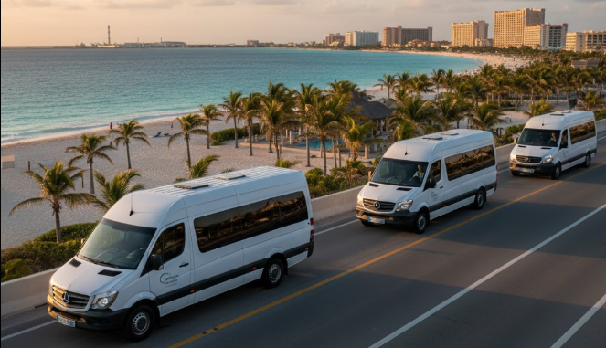 Camioneta blanca de transporte privado circulando por la avenida de la Zona Hotelera de Cancun frente al mar.