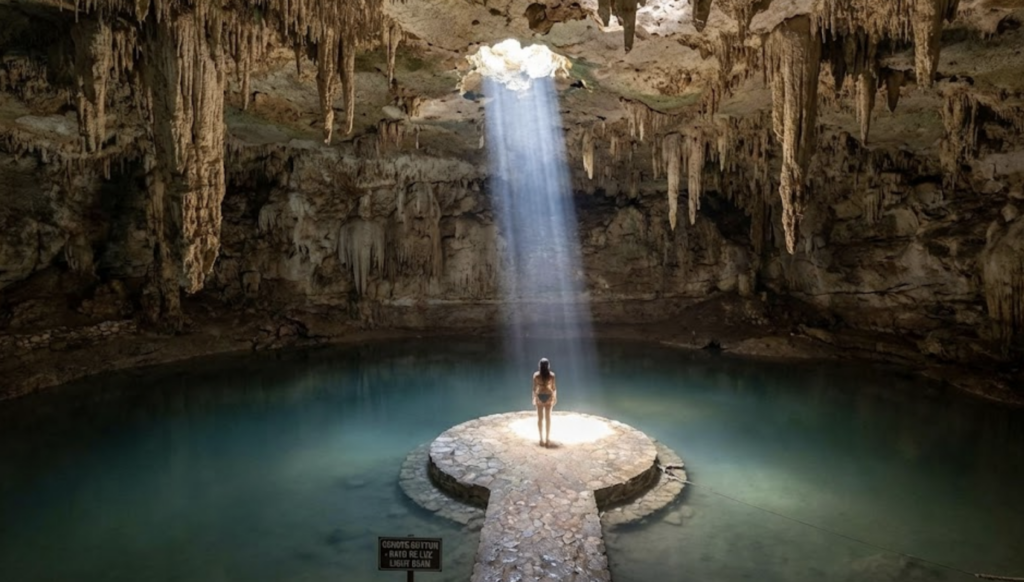 Stalactite formations reflecting in the crystal clear water of an underground cenote in Mexico.