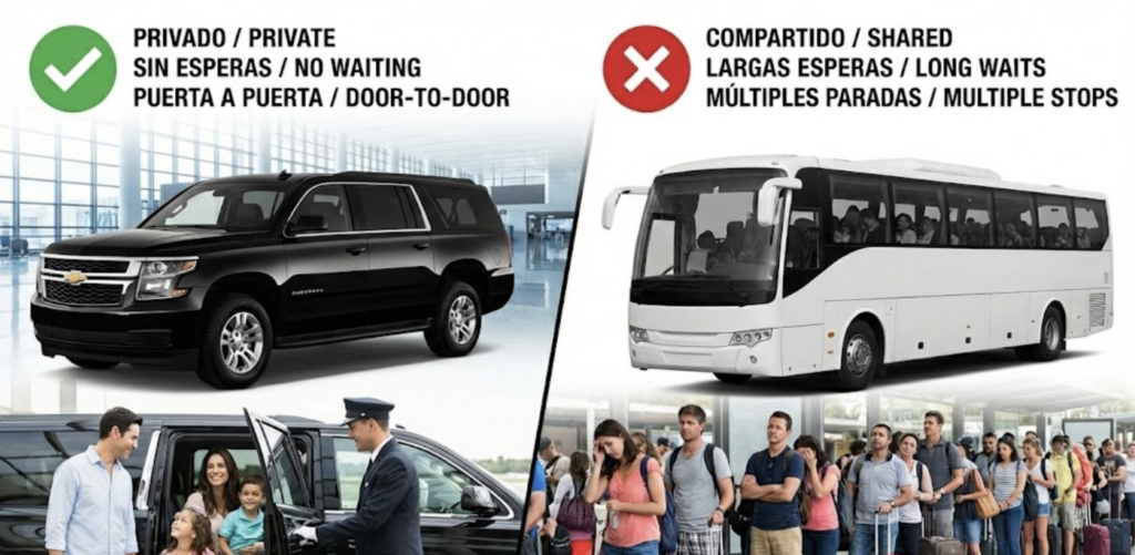 Infografía comparativa que muestra las ventajas del transporte privado (camioneta de lujo, sin esperas) frente al transporte compartido (autobús, filas largas y múltiples paradas).