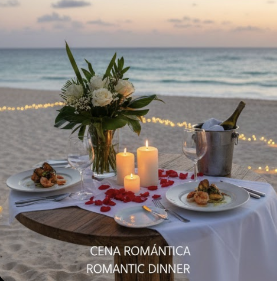 A wooden table set for a romantic dinner on the beach featuring candles, rose petals, white flowers, wine, and seafood plates facing the ocean at sunset.